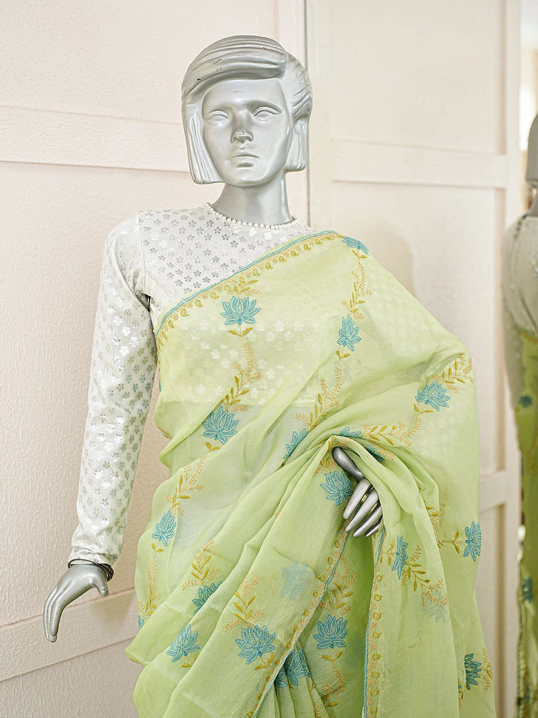Ada Hand Embroidered Green Organza Lucknowi Chikankari Saree and Blouse With Zari Work 01A593455