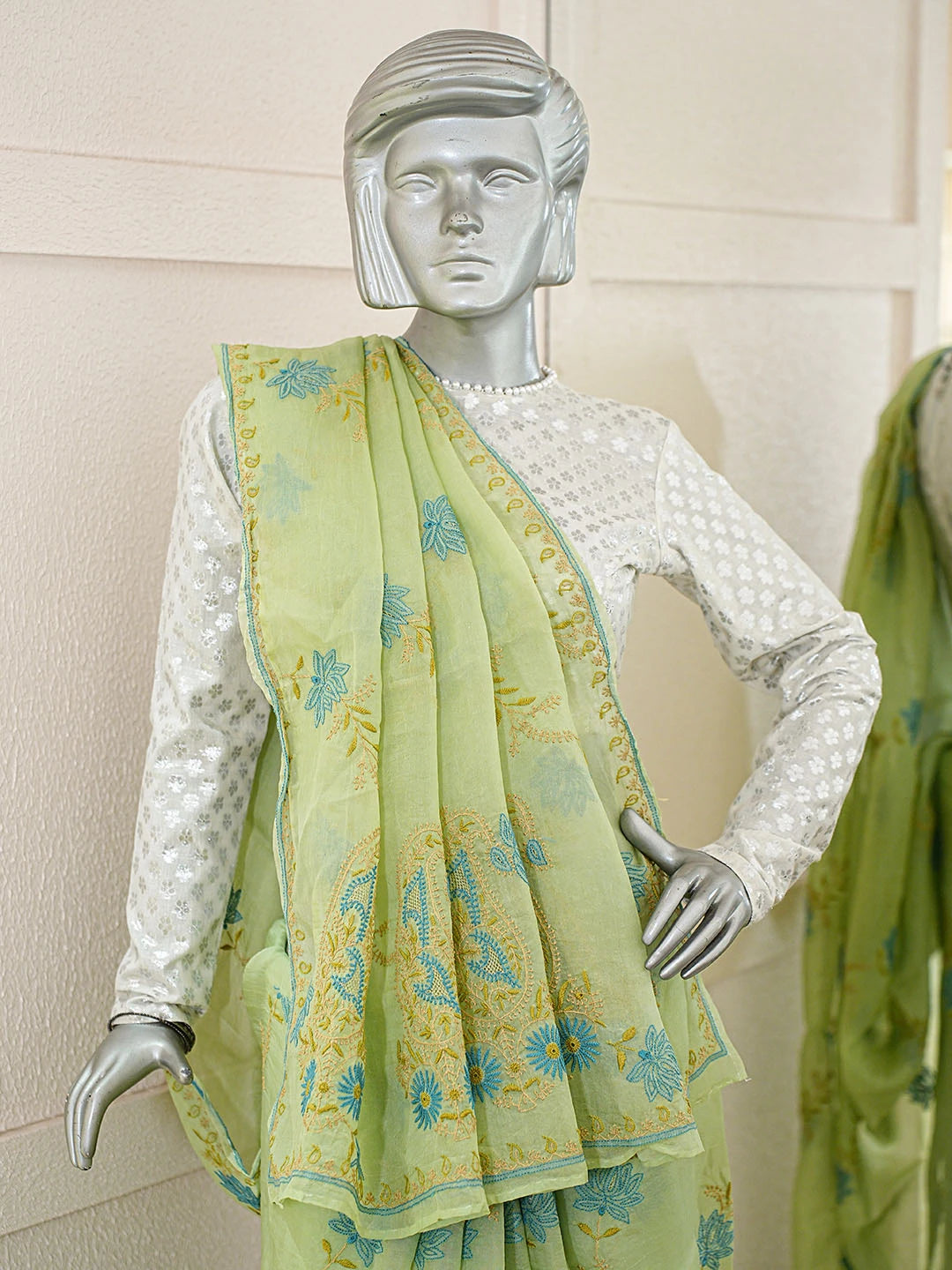 Ada Hand Embroidered Green Organza Lucknowi Chikankari Saree and Blouse With Zari Work 01A593455