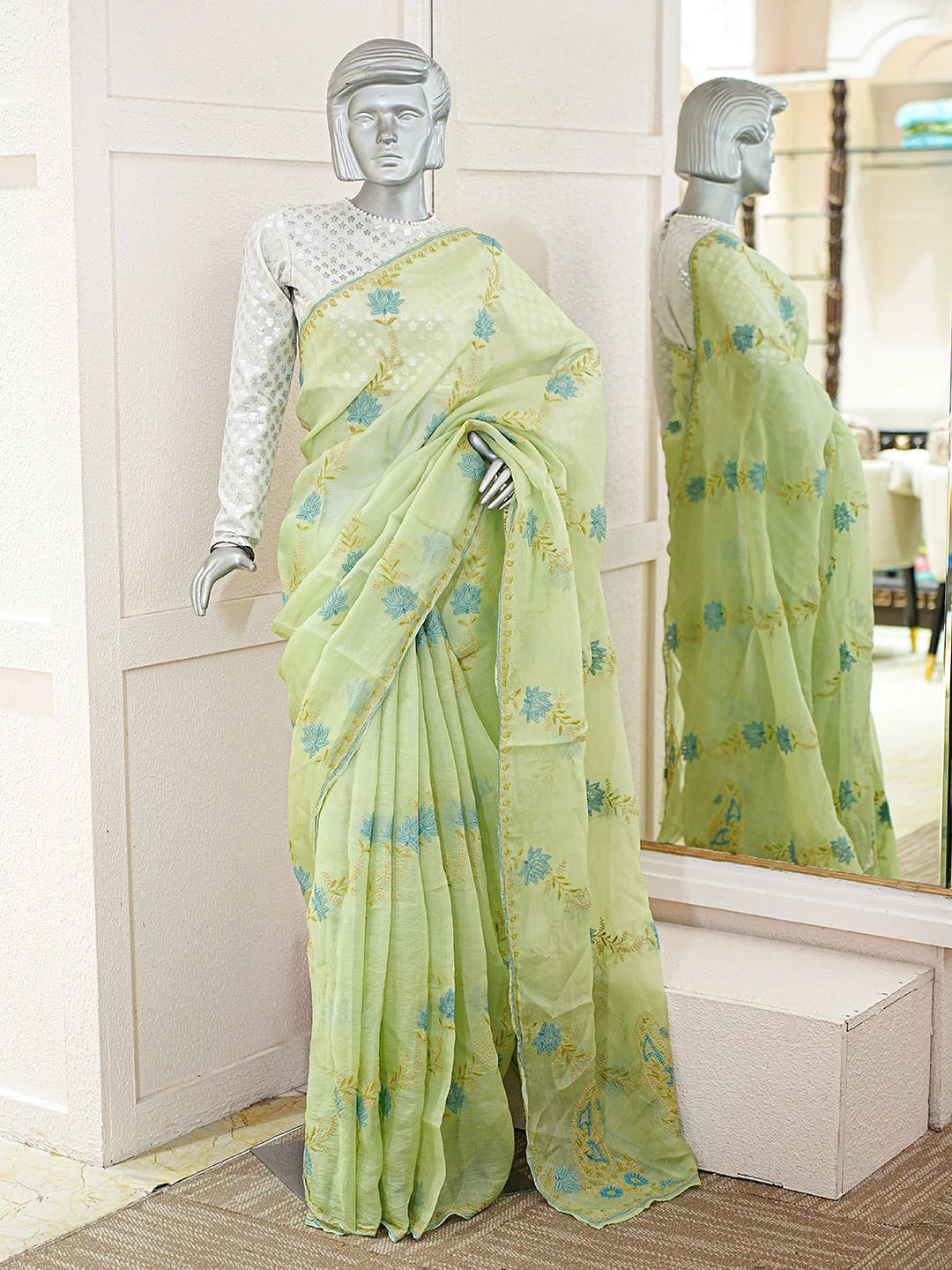 Ada Hand Embroidered Green Organza Lucknowi Chikankari Saree and Blouse With Zari Work 01A593455