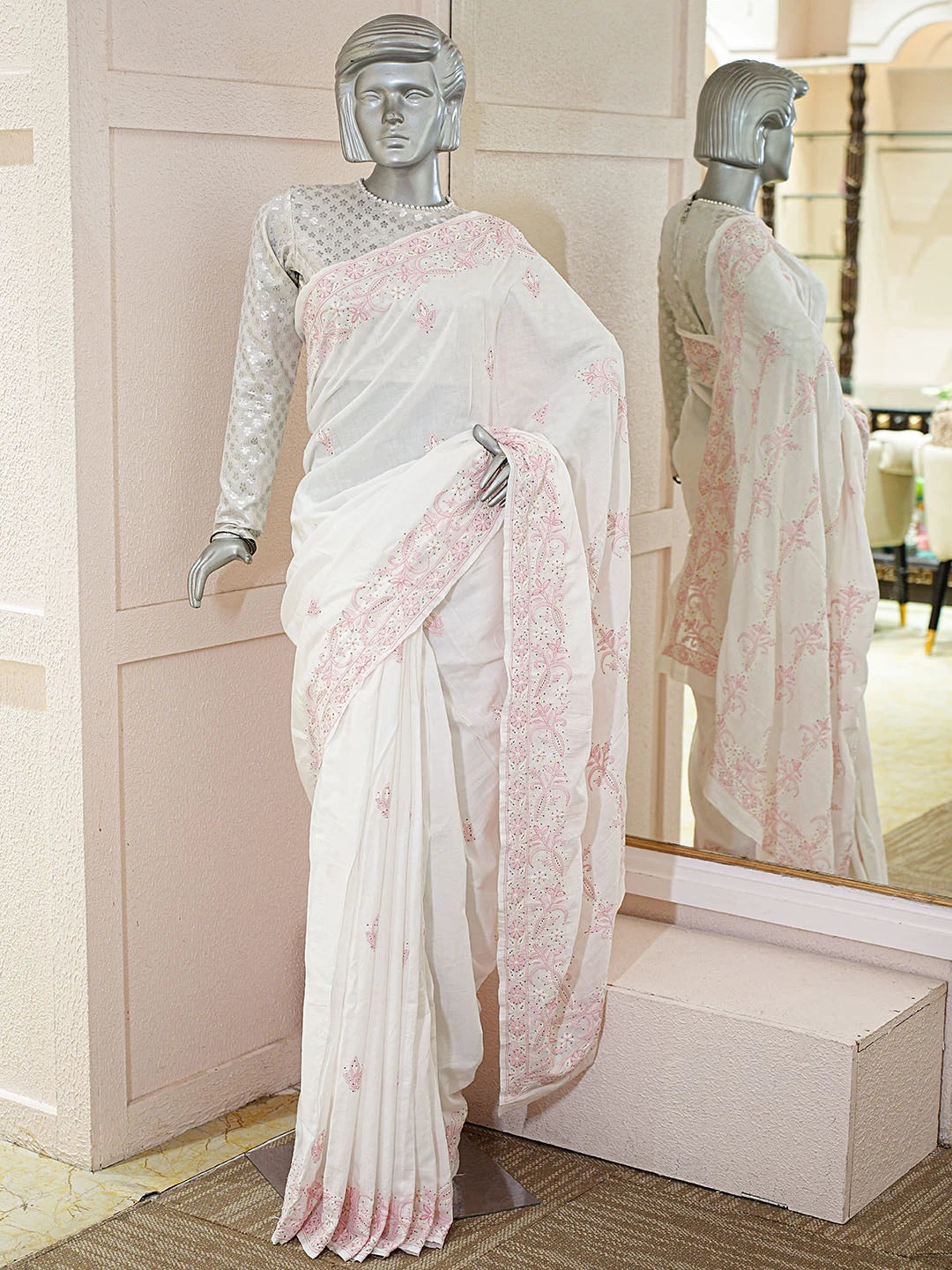 Ada Hand Embroidered White Cotton Lucknowi Chikankari Saree and Blouse With Mukaish Work 01A451210