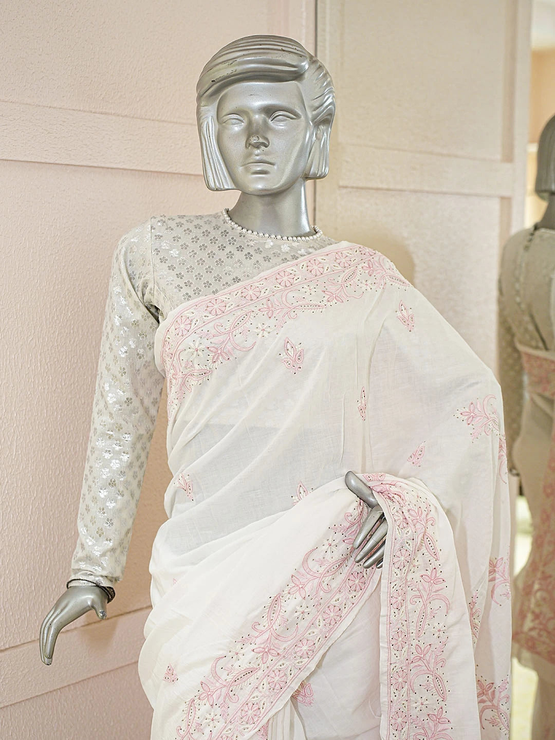 Ada Hand Embroidered White Cotton Lucknowi Chikankari Saree and Blouse With Mukaish Work 01A451210