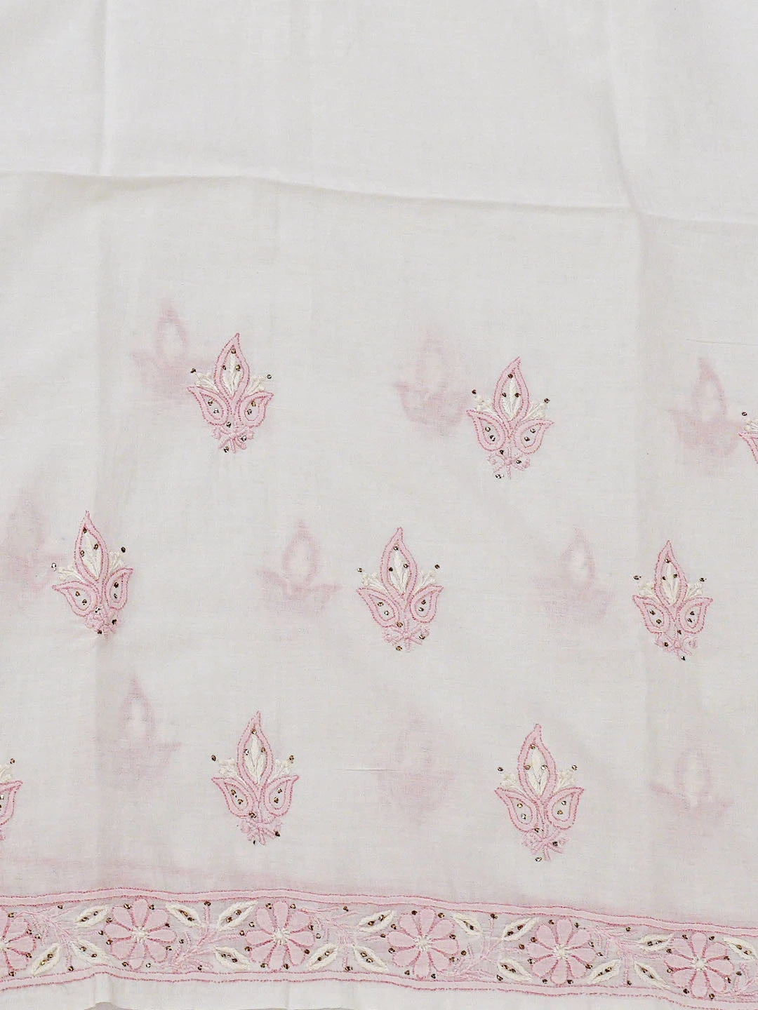Ada Hand Embroidered White Cotton Lucknowi Chikankari Saree and Blouse With Mukaish Work 01A451210