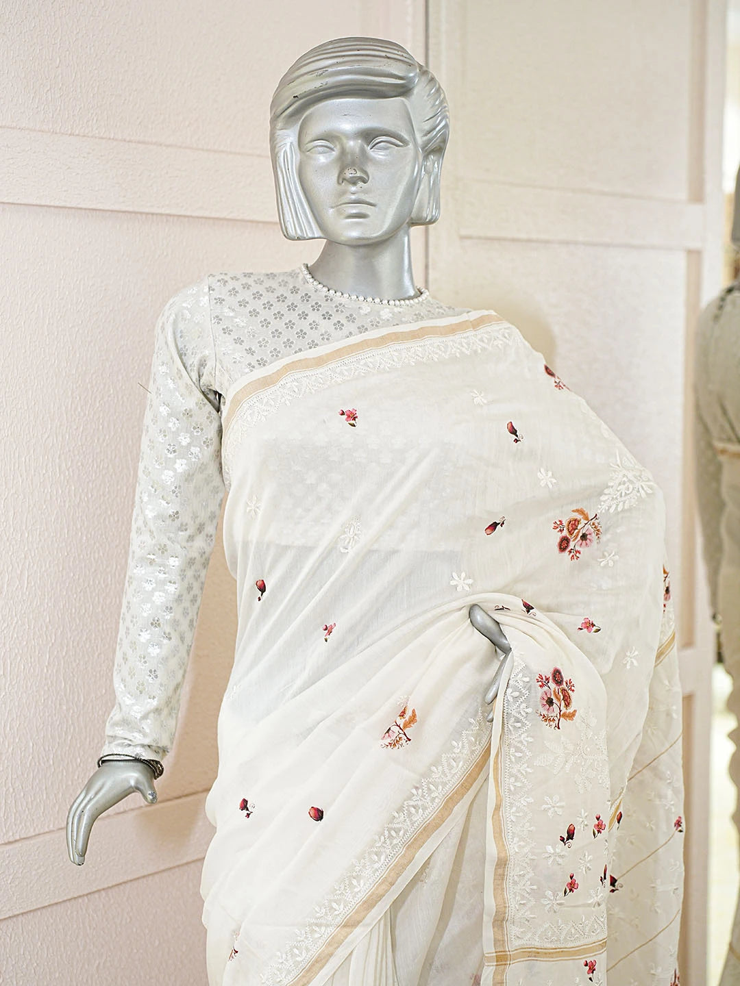Ada Hand Embroidered White Printed Chanderi Lucknowi Chikankari Saree With Blouse 01A509515