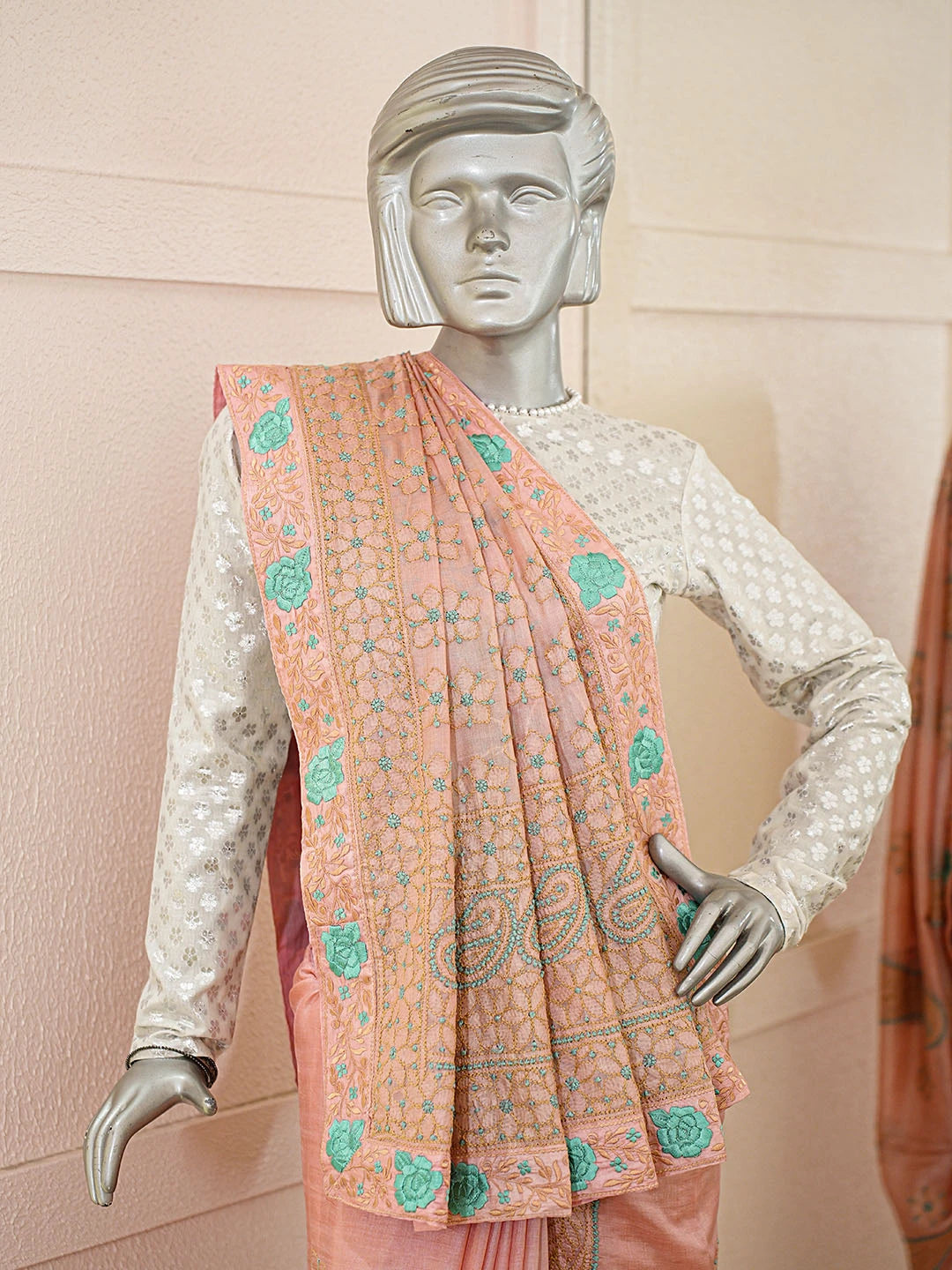 Ada Hand Embroidered Dusty Pink Silk Lucknowi Chikankari Saree with Blouse 01A842742