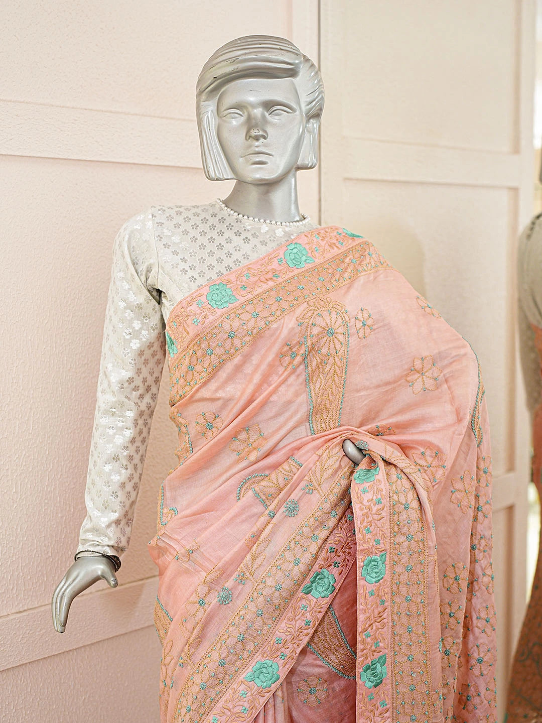 Ada Hand Embroidered Dusty Pink Silk Lucknowi Chikankari Saree with Blouse 01A842742