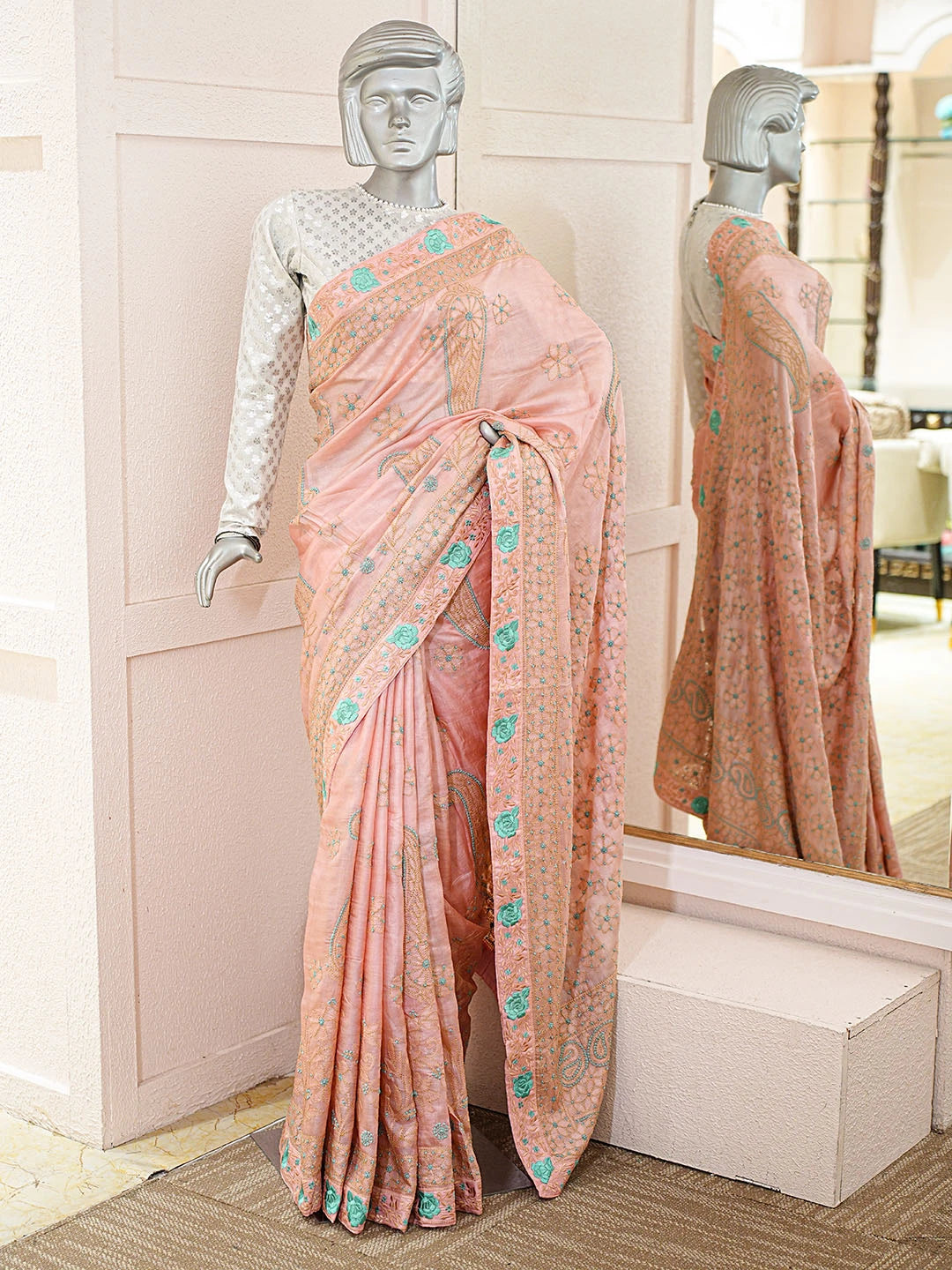 Ada Hand Embroidered Dusty Pink Silk Lucknowi Chikankari Saree with Blouse 01A842742