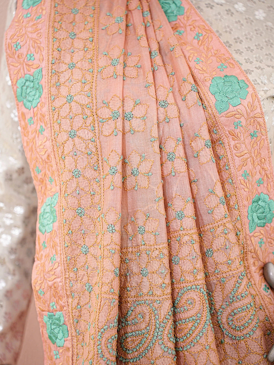 Ada Hand Embroidered Dusty Pink Silk Lucknowi Chikankari Saree with Blouse 01A842742