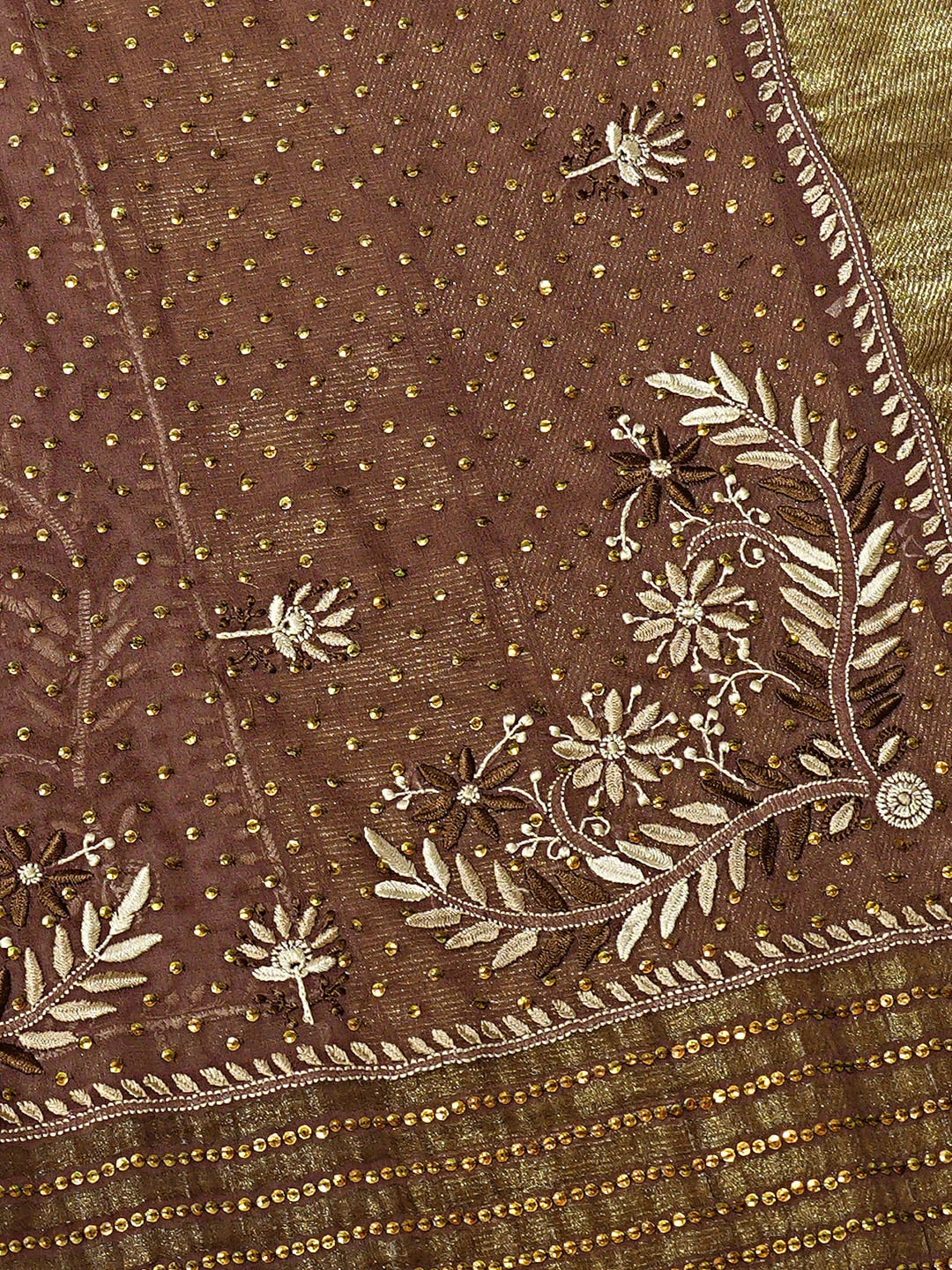 Ada Hand Embroidered Kobicha Brown Pure Georgette Lucknowi Chikankari Saree and Blouse With Muqaish Work A39744