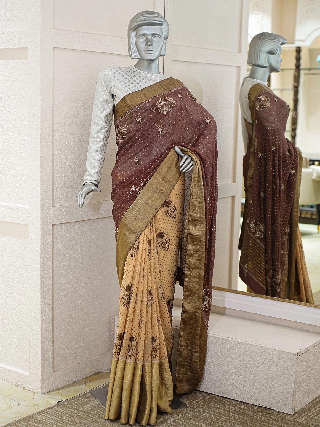 Ada Hand Embroidered Kobicha Brown Pure Georgette Lucknowi Chikankari Saree and Blouse With Muqaish Work A39744