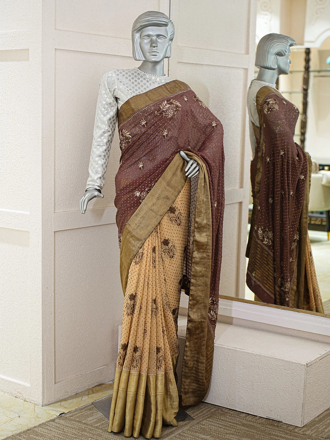 Ada Hand Embroidered Kobicha Brown Pure Georgette Lucknowi Chikankari Saree and Blouse With Muqaish Work A39744