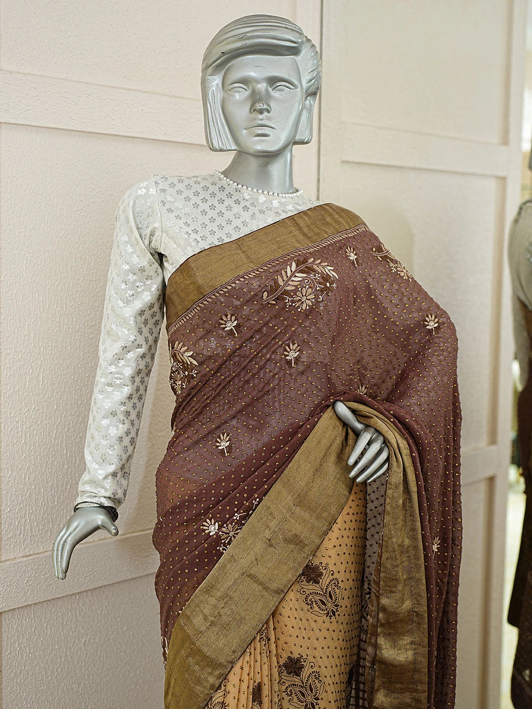 Ada Hand Embroidered Kobicha Brown Pure Georgette Lucknowi Chikankari Saree and Blouse With Muqaish Work A39744