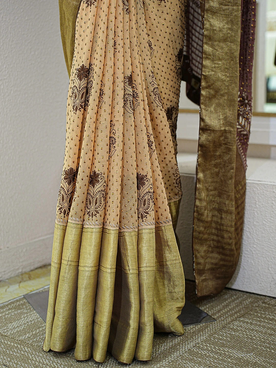 Ada Hand Embroidered Kobicha Brown Pure Georgette Lucknowi Chikankari Saree and Blouse With Muqaish Work A39744