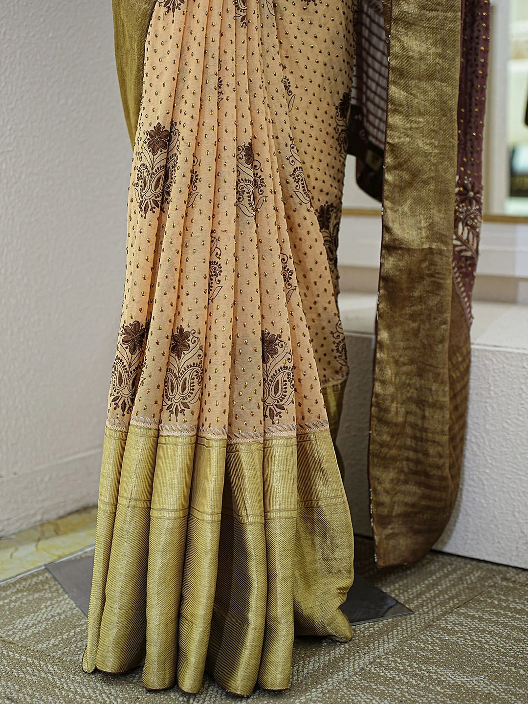 Ada Hand Embroidered Kobicha Brown Pure Georgette Lucknowi Chikankari Saree and Blouse With Muqaish Work A39744
