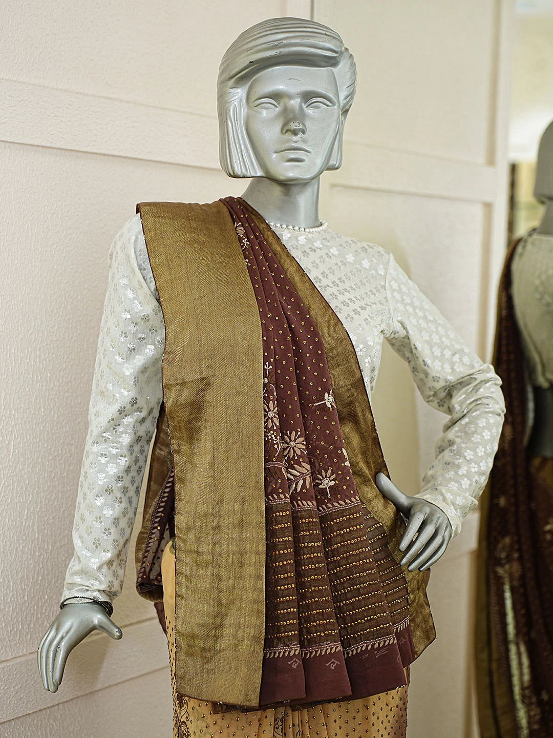 Ada Hand Embroidered Kobicha Brown Pure Georgette Lucknowi Chikankari Saree and Blouse With Muqaish Work A39744