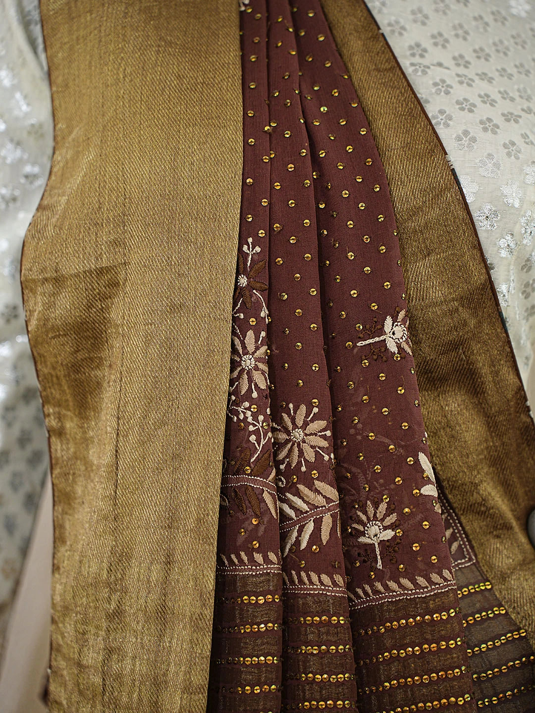 Ada Hand Embroidered Kobicha Brown Pure Georgette Lucknowi Chikankari Saree and Blouse With Muqaish Work A39744
