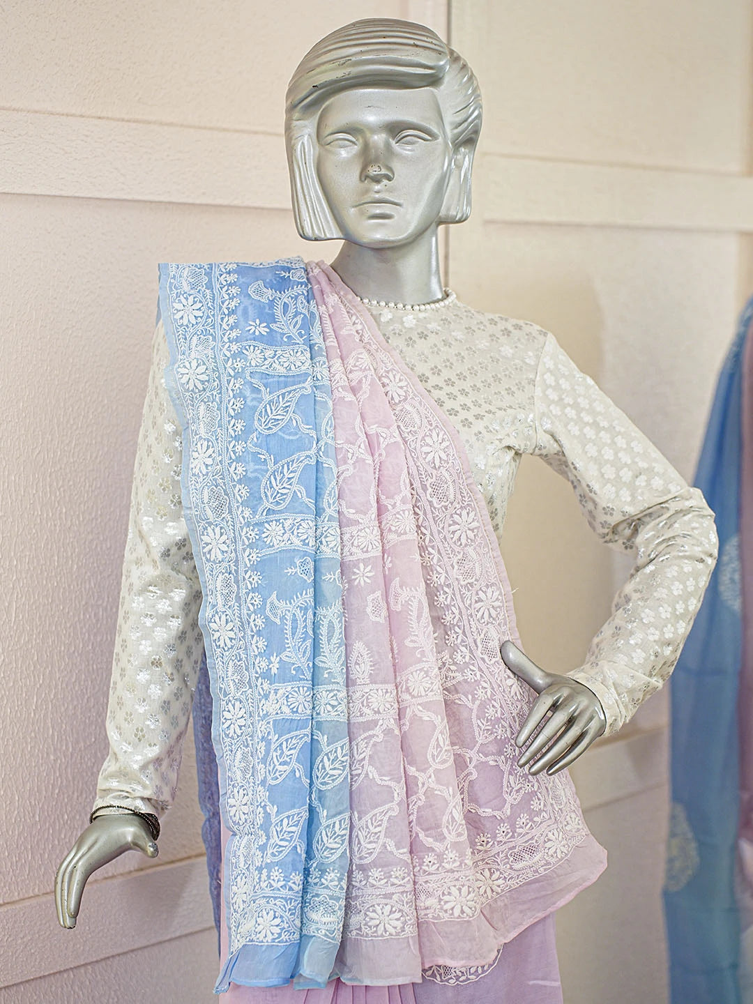Ada Hand Embroidered Ombre Shade Of Periwinkle Blue & Argentinian Blue Organza Lucknowi Chikankari Saree With Blouse 01A663330