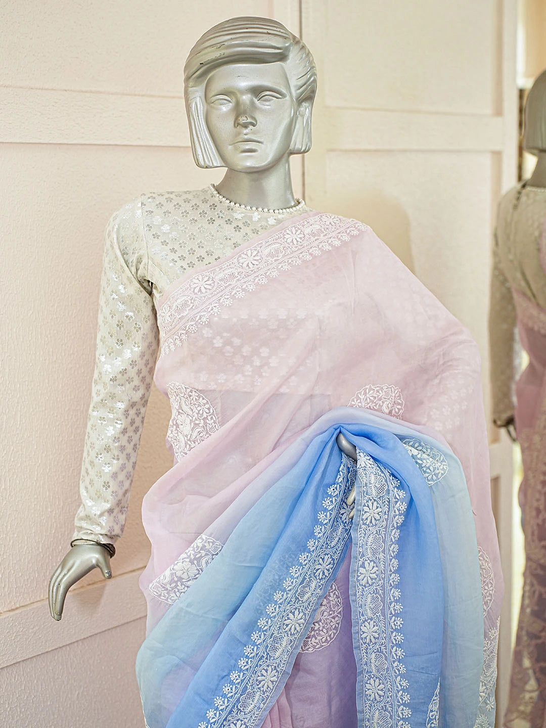 Ada Hand Embroidered Ombre Shade Of Periwinkle Blue & Argentinian Blue Organza Lucknowi Chikankari Saree With Blouse 01A663330