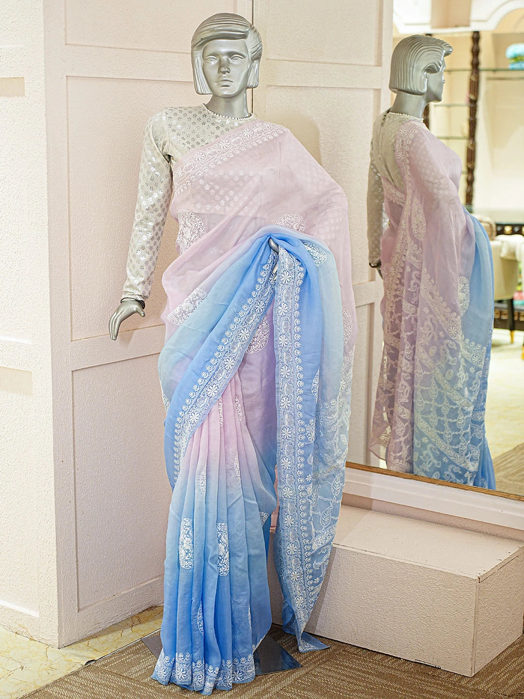 Ada Hand Embroidered Ombre Shade Of Periwinkle Blue & Argentinian Blue Organza Lucknowi Chikankari Saree With Blouse 01A663330