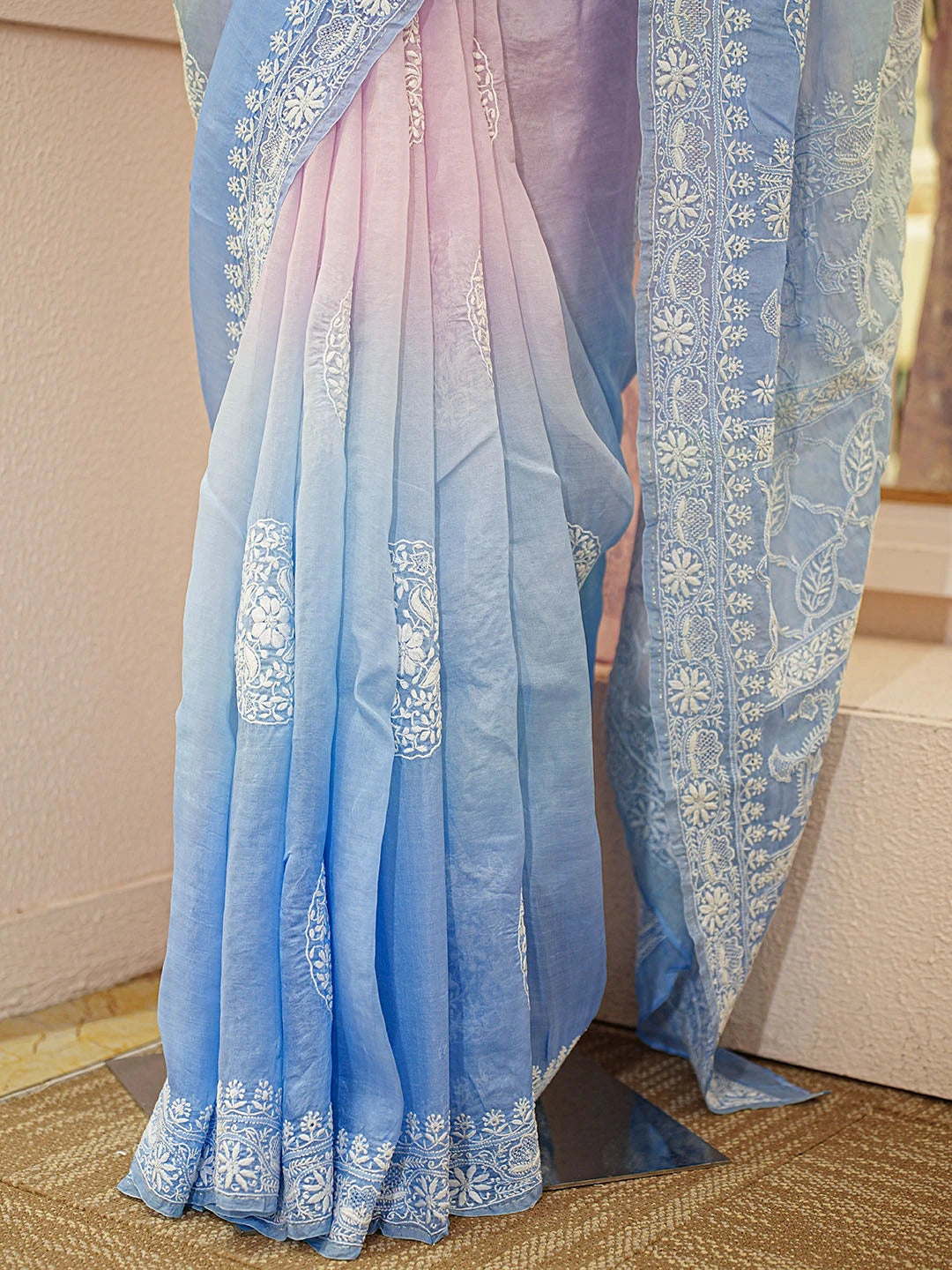 Ada Hand Embroidered Ombre Shade Of Periwinkle Blue & Argentinian Blue Organza Lucknowi Chikankari Saree With Blouse 01A663330