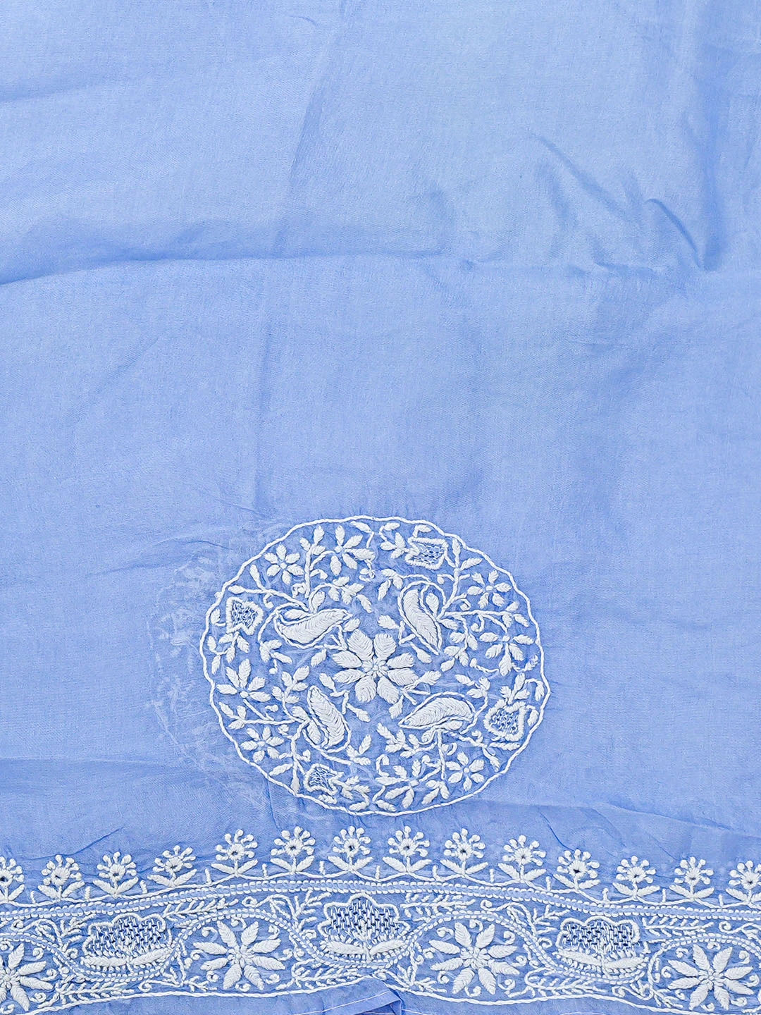 Ada Hand Embroidered Ombre Shade Of Periwinkle Blue & Argentinian Blue Organza Lucknowi Chikankari Saree With Blouse 01A663330