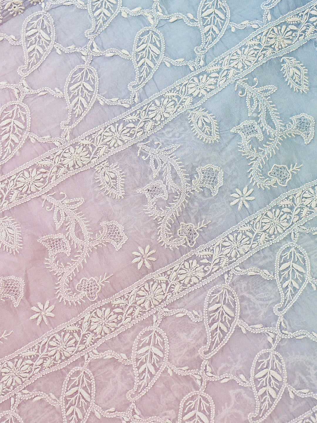 Ada Hand Embroidered Ombre Shade Of Periwinkle Blue & Argentinian Blue Organza Lucknowi Chikankari Saree With Blouse 01A663330