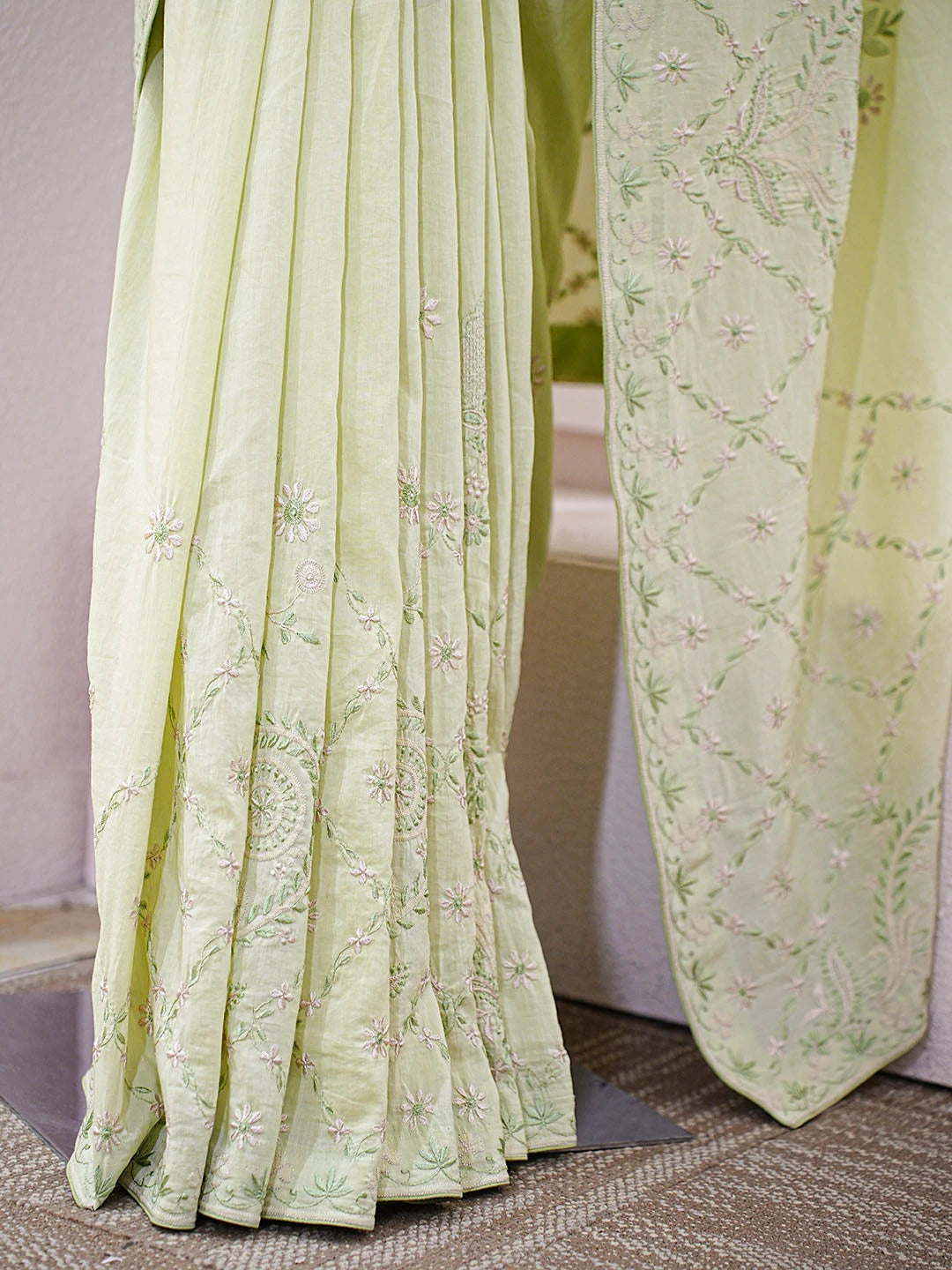 Ada Hand Embroidered Pista Green Banana Lucknowi Chikankari Saree and Blouse With Zari Work 01A616173