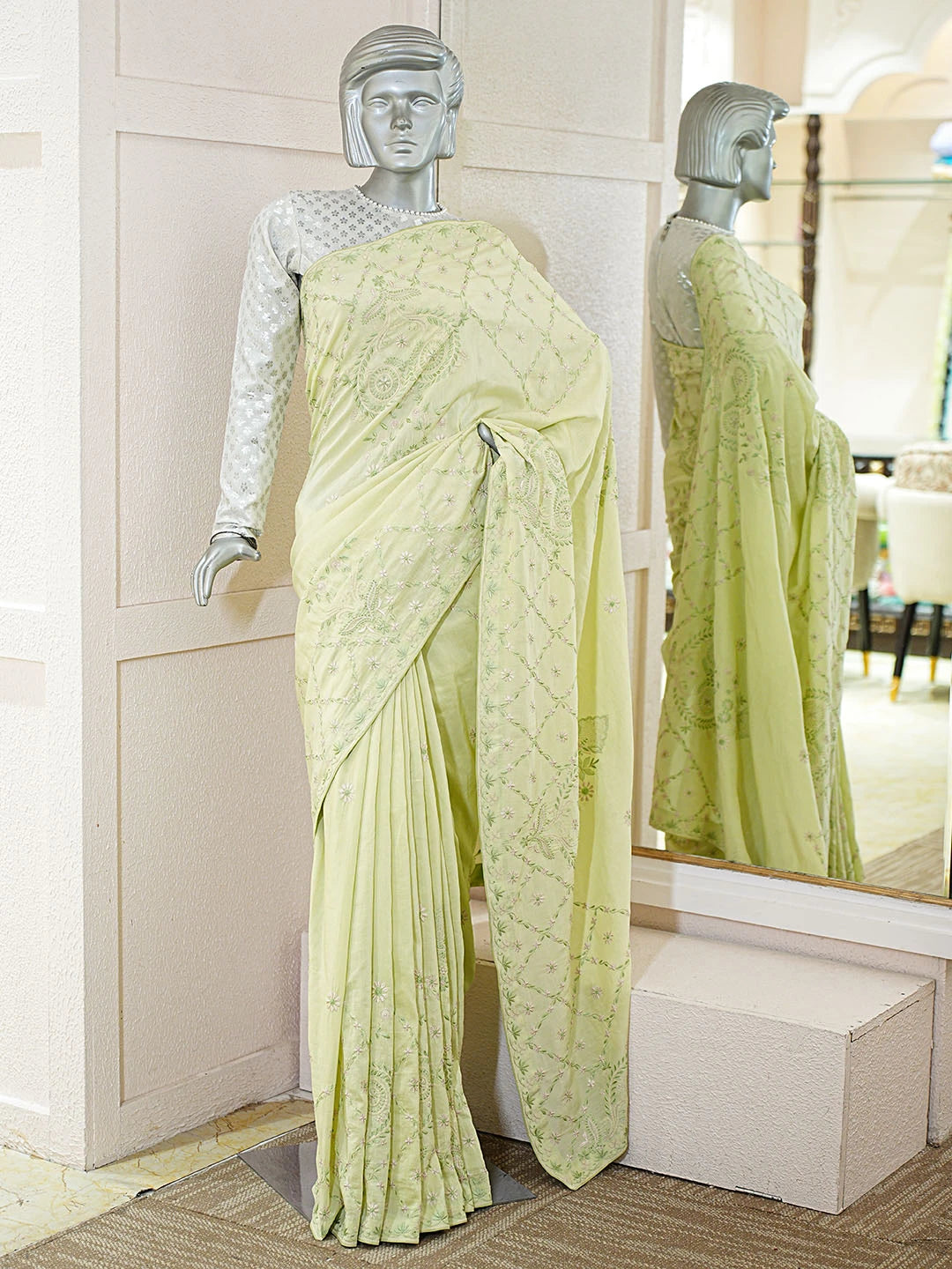 Ada Hand Embroidered Pista Green Banana Lucknowi Chikankari Saree and Blouse With Zari Work 01A616173