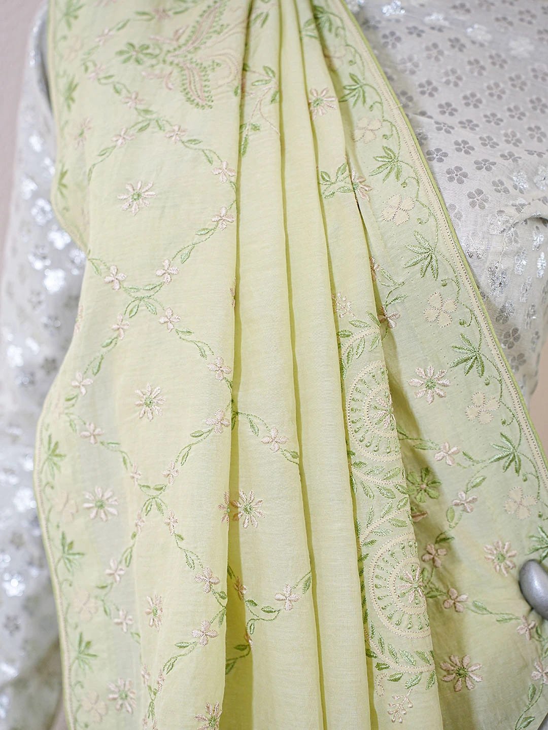 Ada Hand Embroidered Pista Green Banana Lucknowi Chikankari Saree and Blouse With Zari Work 01A616173