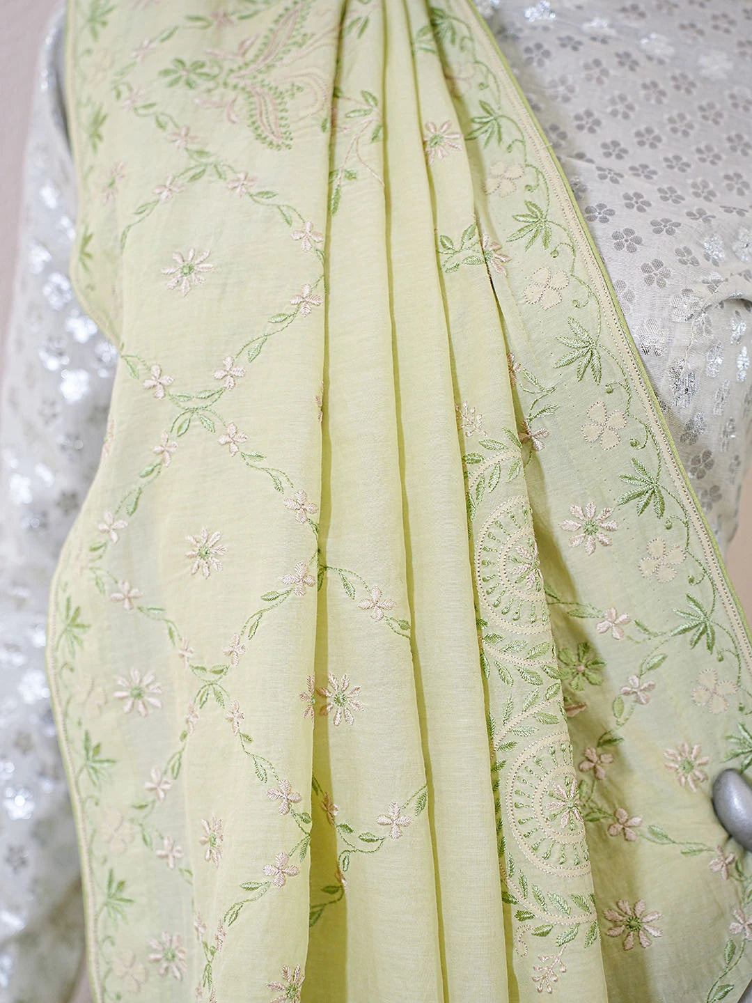 Ada Hand Embroidered Pista Green Banana Lucknowi Chikankari Saree and Blouse With Zari Work 01A616173