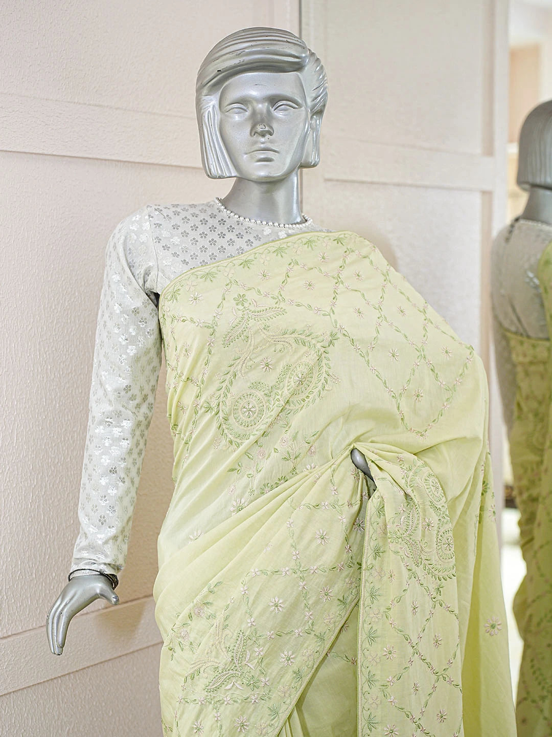 Ada Hand Embroidered Pista Green Banana Lucknowi Chikankari Saree and Blouse With Zari Work 01A616173