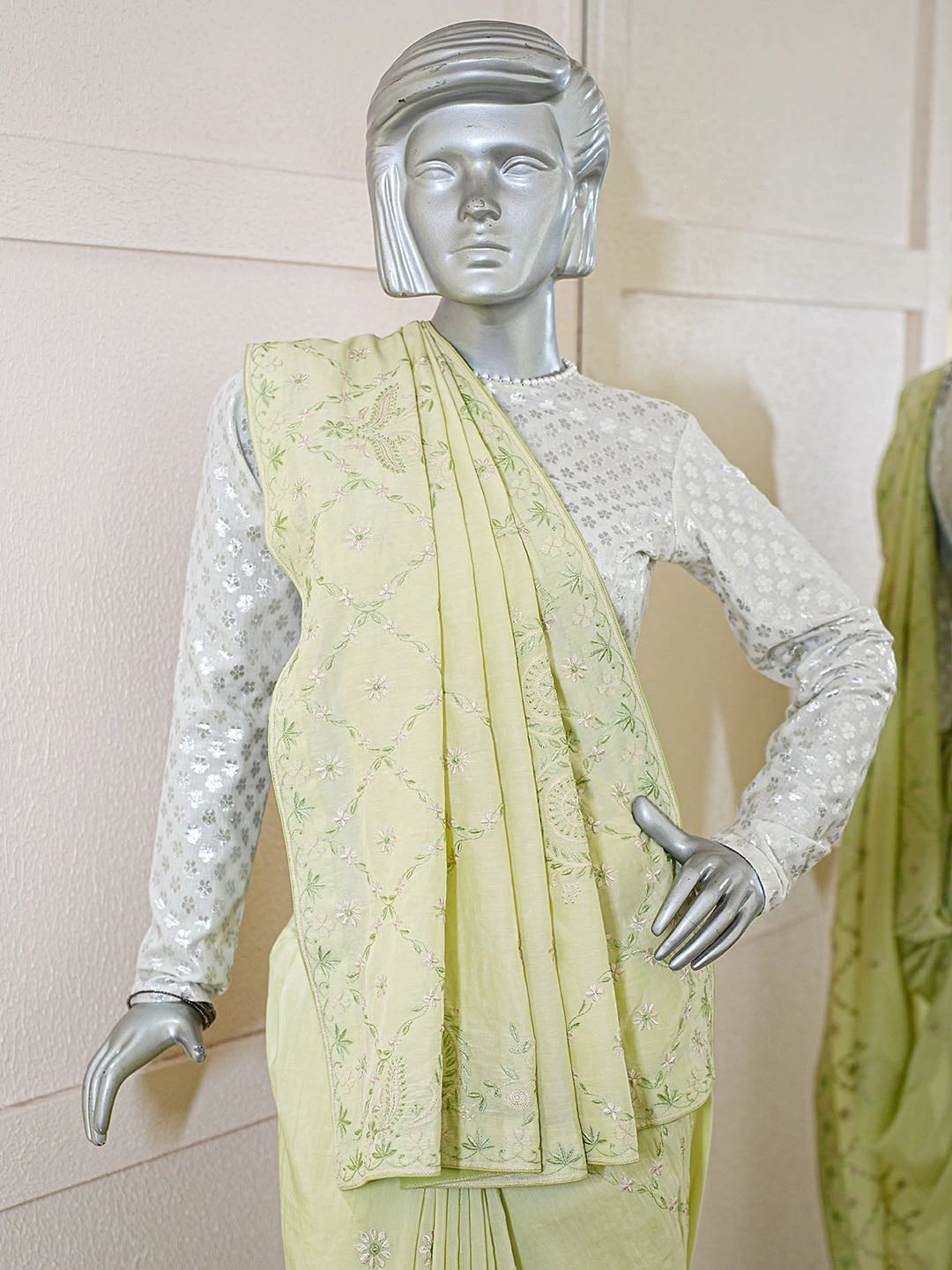 Ada Hand Embroidered Pista Green Banana Lucknowi Chikankari Saree and Blouse With Zari Work 01A616173