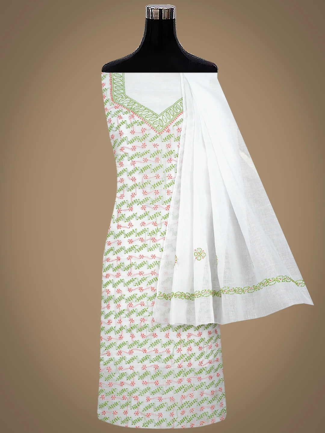 Ada Hand Embroidered White Cotton Lucknowi Chikankari Unstitched Suit Piece 01A853427