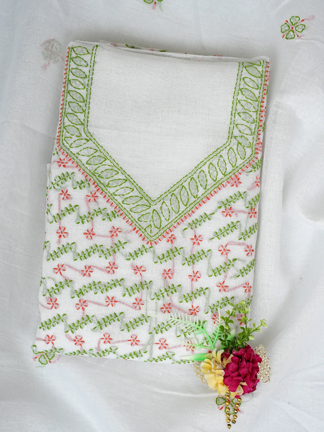Ada Hand Embroidered White Cotton Lucknowi Chikankari Unstitched Suit Piece 01A853427