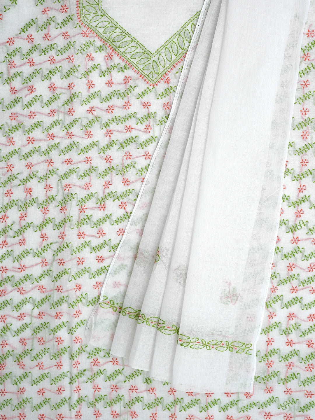 Ada Hand Embroidered White Cotton Lucknowi Chikankari Unstitched Suit Piece 01A853427