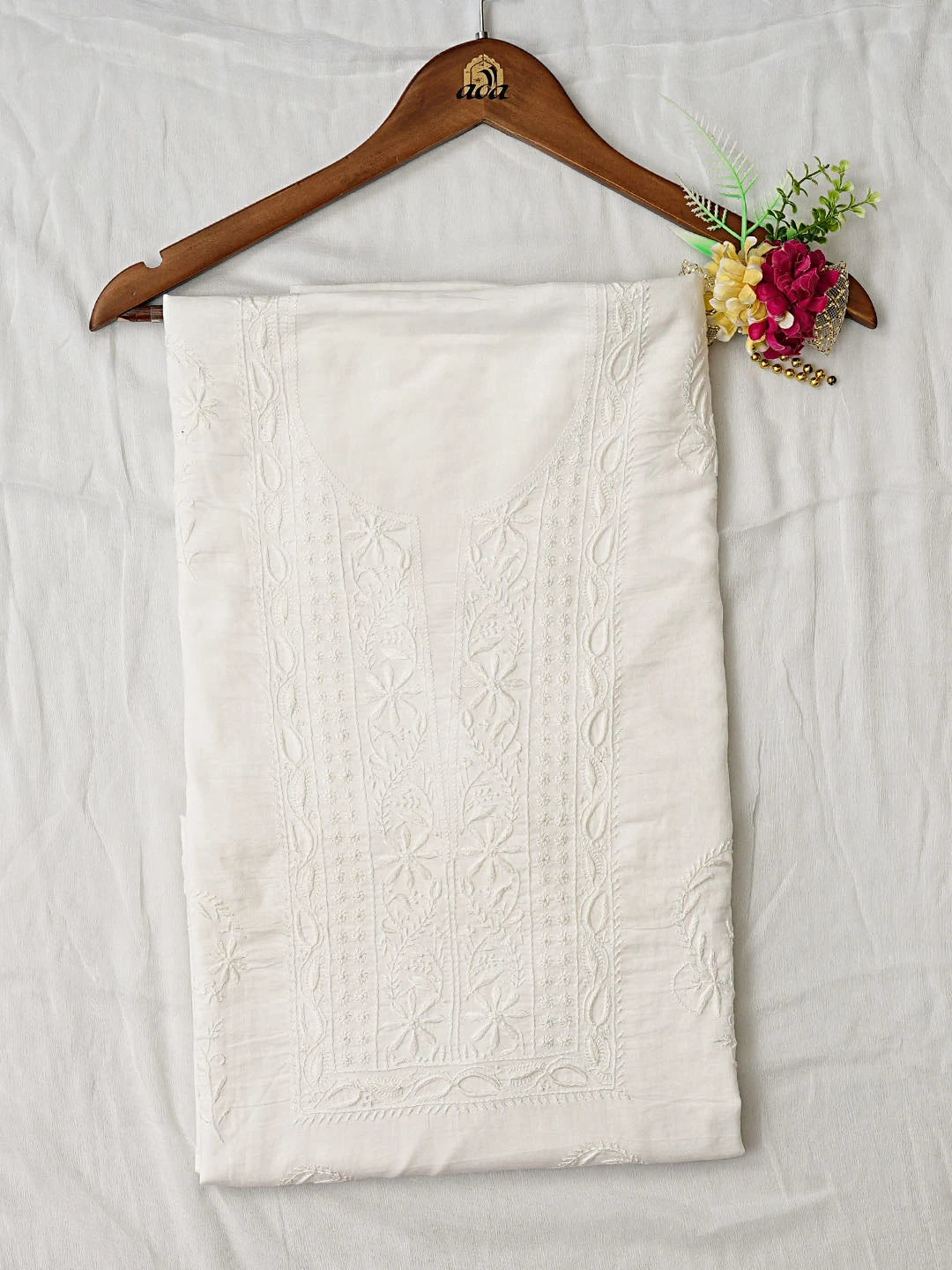 Ada Hand Embroidered White Cotton Lucknowi Chikankari Unstitched Kurta Dupatta Set 01A392187