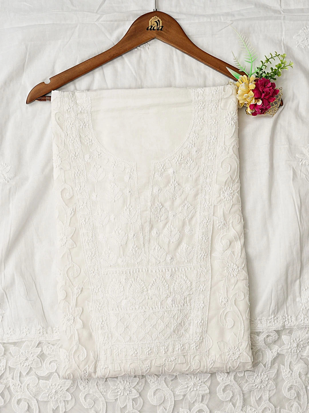Ada Hand Embroidered White Cotton Lucknowi Chikankari Unstitched Kurta Dupatta Set 01A847346