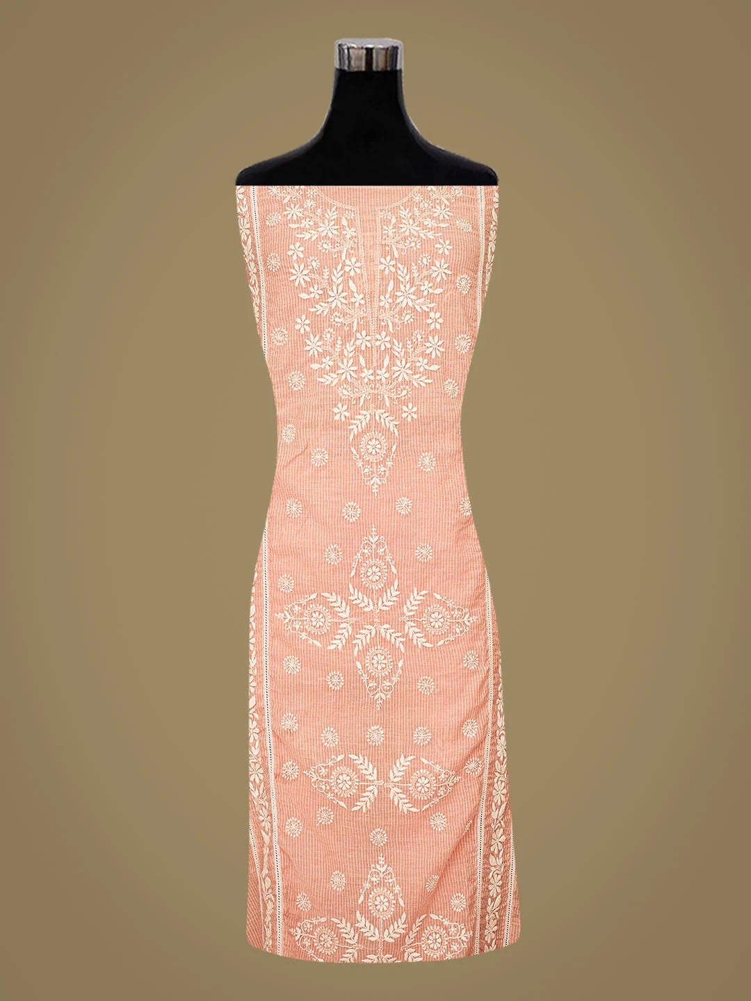 Ada Hand Embroidered Peach Chanderi Lucknowi Chikankari Semi-Stitched Kurta Dupatta Set 01A639217