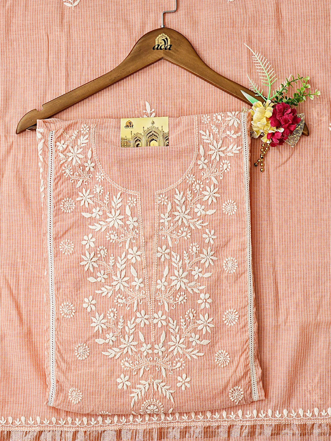 Ada Hand Embroidered Peach Chanderi Lucknowi Chikankari Semi-Stitched Kurta Dupatta Set 01A639217