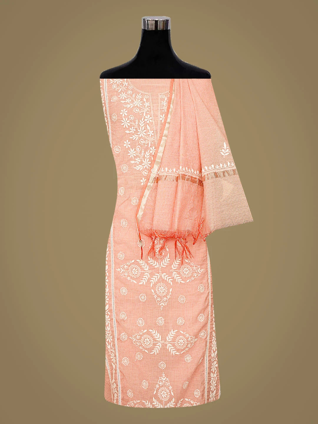 Ada Hand Embroidered Peach Chanderi Lucknowi Chikankari Semi-Stitched Kurta Dupatta Set 01A639217