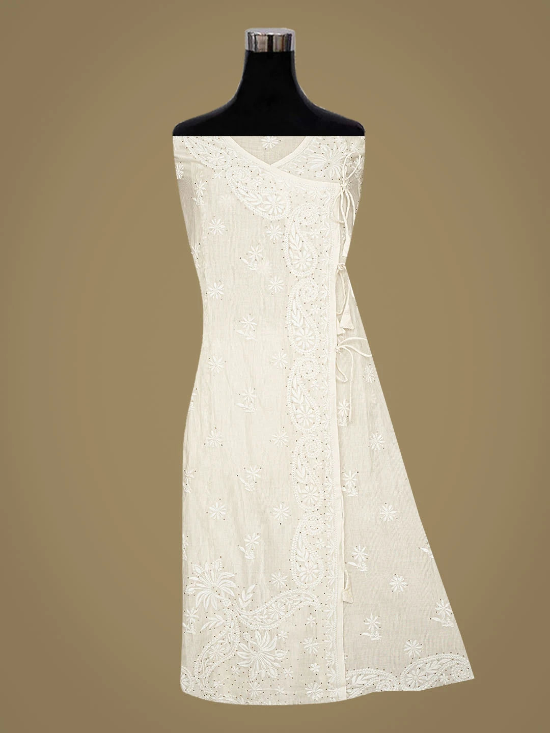 Ada Hand Embroidered White Chanderi Lucknowi Chikankari Semi-Stitched Kurta Dupatta Set With Mukaish Work 01A658824