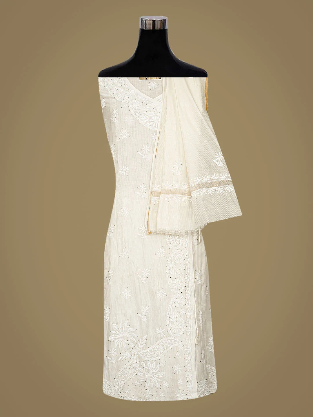 Ada Hand Embroidered White Chanderi Lucknowi Chikankari Semi-Stitched Kurta Dupatta Set With Mukaish Work 01A658824