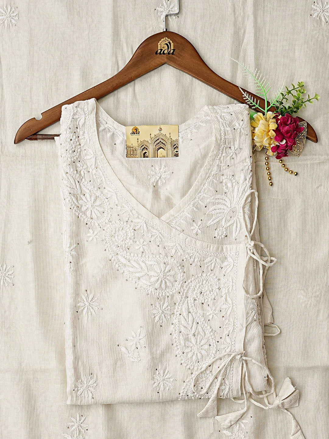 Ada Hand Embroidered White Chanderi Lucknowi Chikankari Semi-Stitched Kurta Dupatta Set With Mukaish Work 01A658824