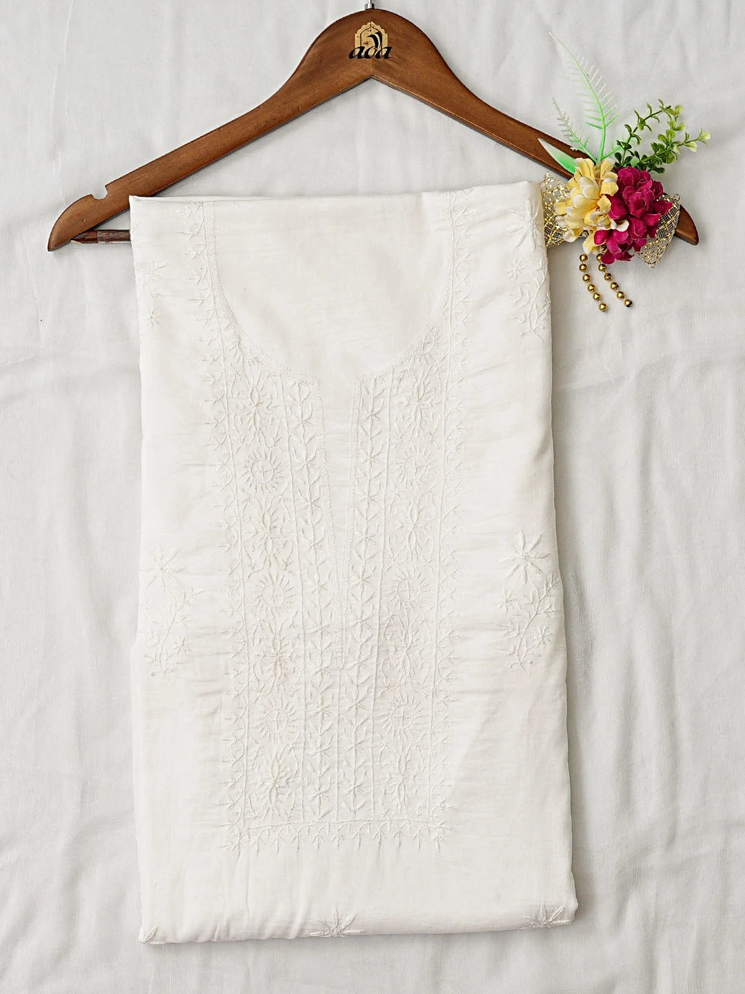 Ada Hand Embroidered White Cotton Lucknowi Chikankari Unstitched Kurta Dupatta Set 01A621875