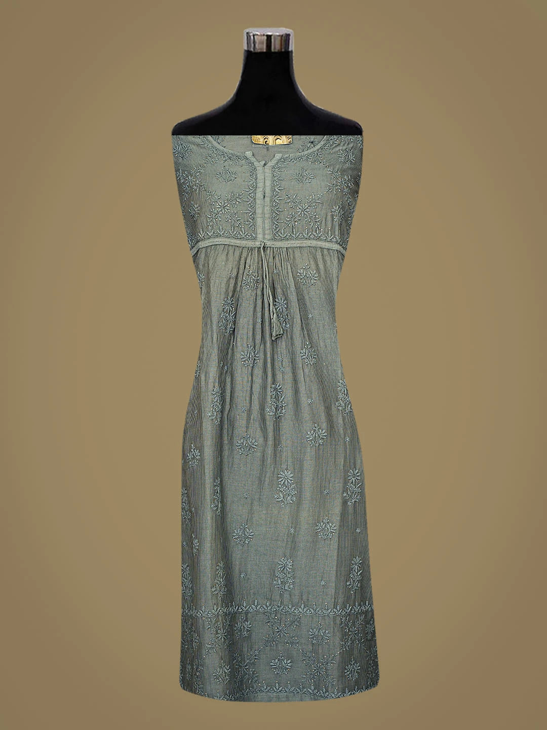 Ada Hand Embroidered Grey Chanderi Lucknowi Chikankari Semi-Stitched Kurta Dupatta Set With Mukaish Work 01A658859