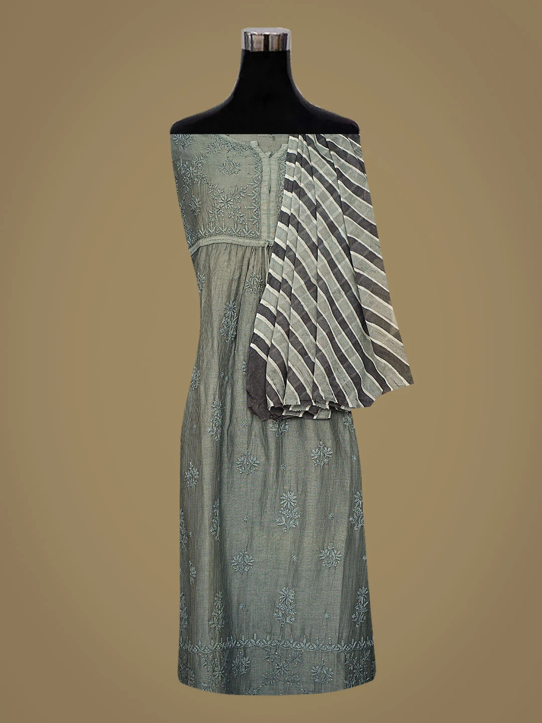 Ada Hand Embroidered Grey Chanderi Lucknowi Chikankari Semi-Stitched Kurta Dupatta Set With Mukaish Work 01A658859