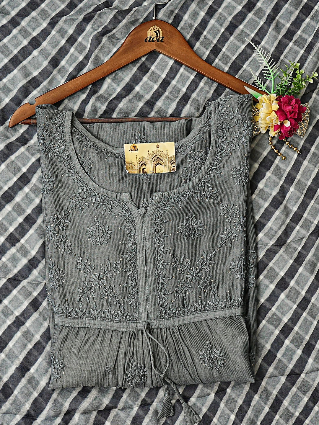 Ada Hand Embroidered Grey Chanderi Lucknowi Chikankari Semi-Stitched Kurta Dupatta Set With Mukaish Work 01A658859