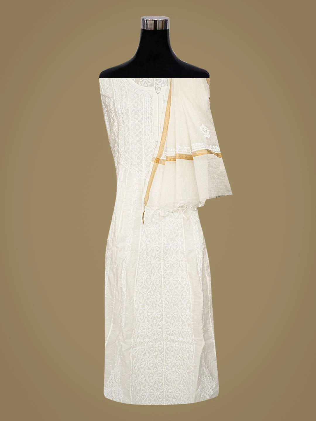 Ada Hand Embroidered White Chanderi Lucknowi Chikankari Semi-Stitched Anarkali Kurta Dupatta Set With Pearl Work 01A850133