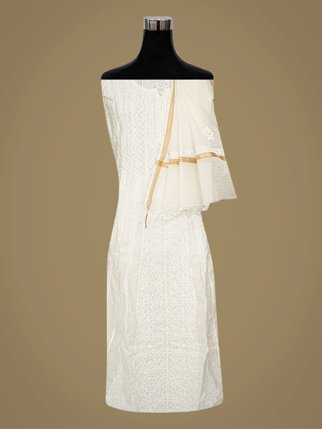 Ada Hand Embroidered White Chanderi Lucknowi Chikankari Semi-Stitched Anarkali Kurta Dupatta Set With Pearl Work 01A850133