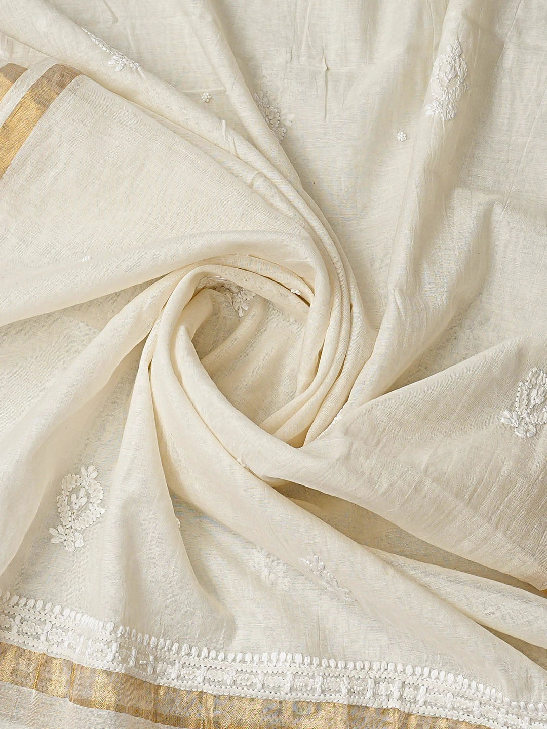 Ada Hand Embroidered White Chanderi Lucknowi Chikankari Semi-Stitched Anarkali Kurta Dupatta Set With Pearl Work 01A850133