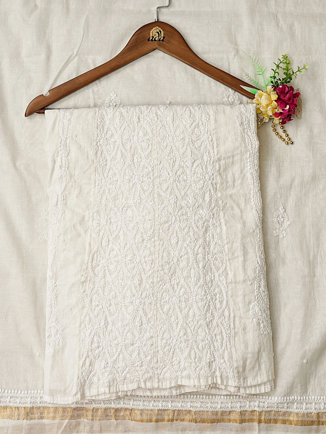 Ada Hand Embroidered White Chanderi Lucknowi Chikankari Semi-Stitched Anarkali Kurta Dupatta Set With Pearl Work 01A850133
